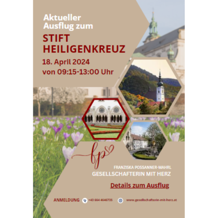 Zu sehen ist ein Kundenprospekt in beige mit dem Stift Heiligenkreuz drauf.